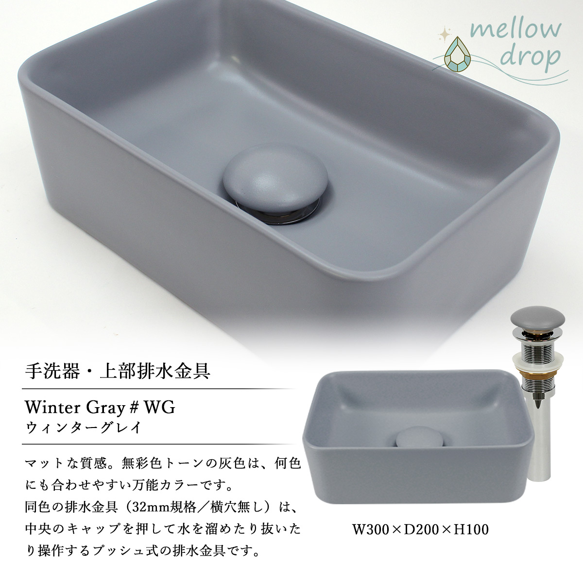 手洗いセットの洗面ボウルと上部排水金具の説明