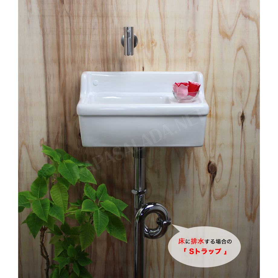KOLM】ステンレスガーデン水栓＆【Essence】壁付型手洗器Sレクタングル（横水栓）フルセット （床排水）｜パパサラダ
