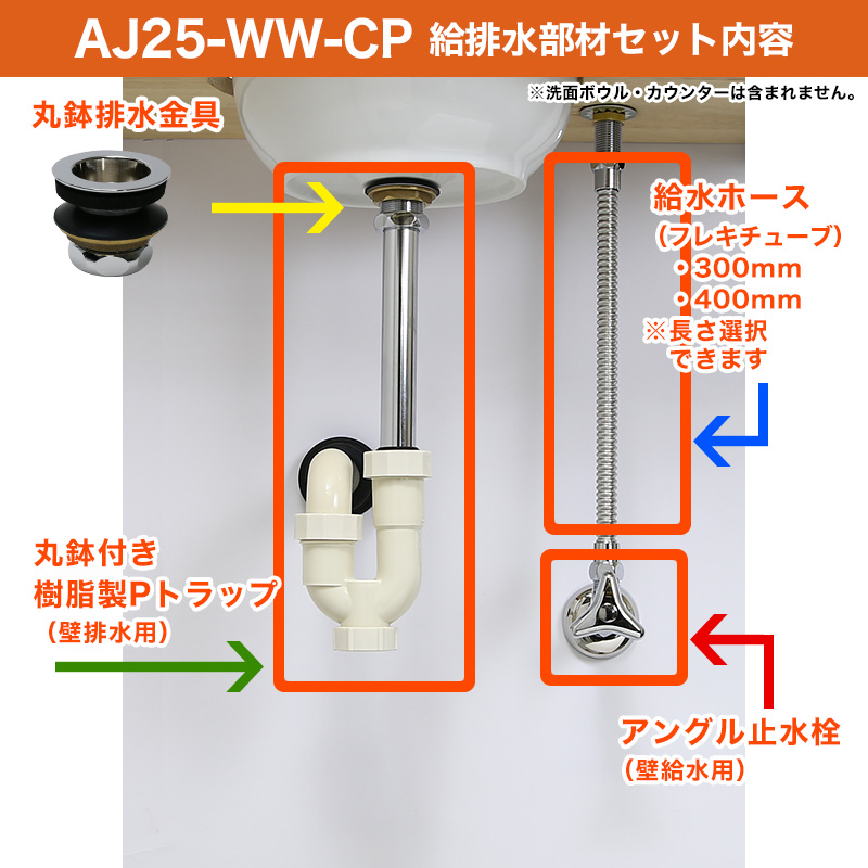給水金具と排水部材セット クロム 樹脂トラップ（単水栓・壁給水・壁排水25） パパサラダ