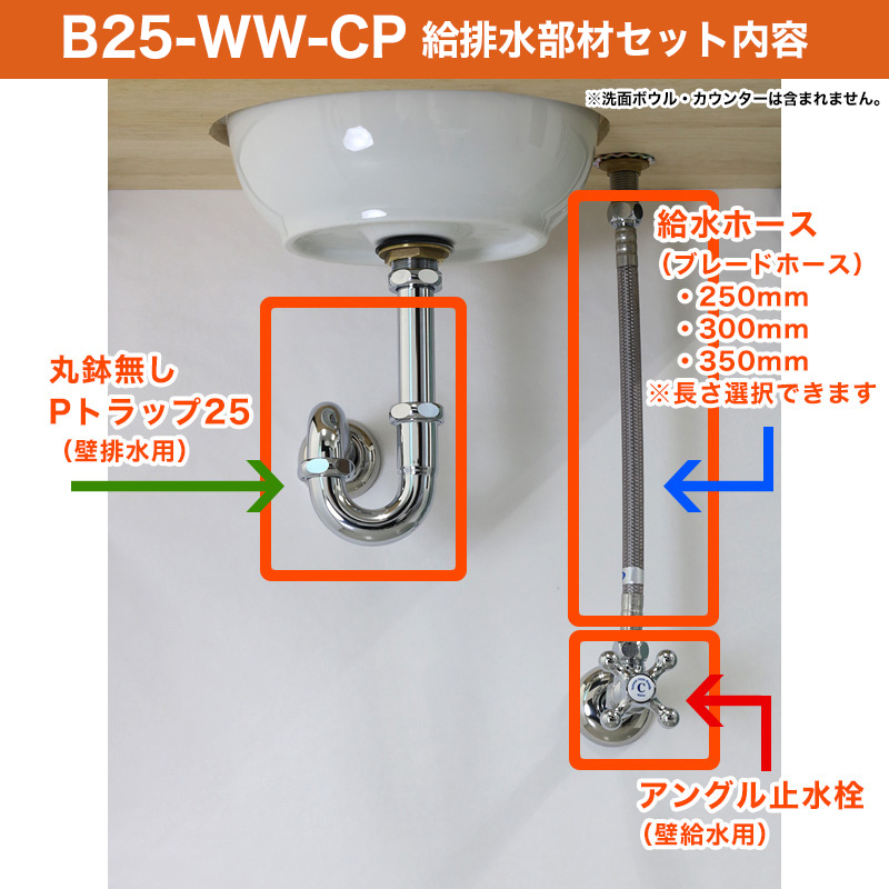 給水金具と排水部材セット クロム（単水栓・壁給水・壁排水25） パパサラダ
