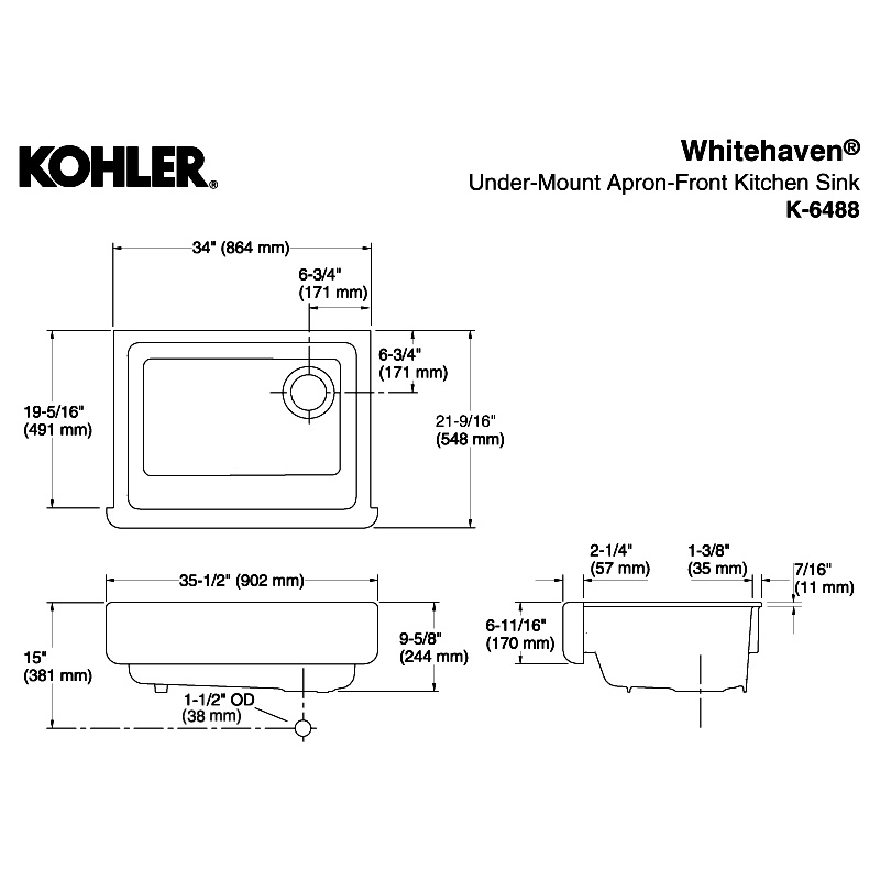 K-6488-0 Whitehaven under-mount KitchenSink ホワイトへヴン アンダーカウンター1槽シンク（ホワイト）  KOHLER（コーラー）｜パパサラダ