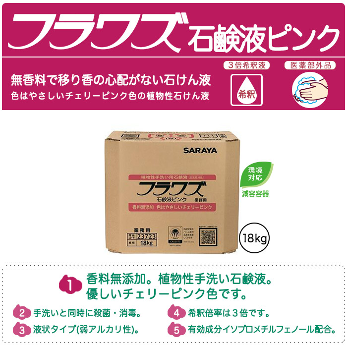 手洗いと同時に殺菌・消毒。無香料。希釈3倍。無香料。やさしいチェリーピンクの石鹸液。