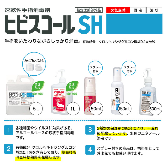 手指をいたわりながらしっかり消毒ヒビスコールSH 速乾性手指消毒剤 カップとノズル付き スプレー付き 液状 原液 指定医薬部外品