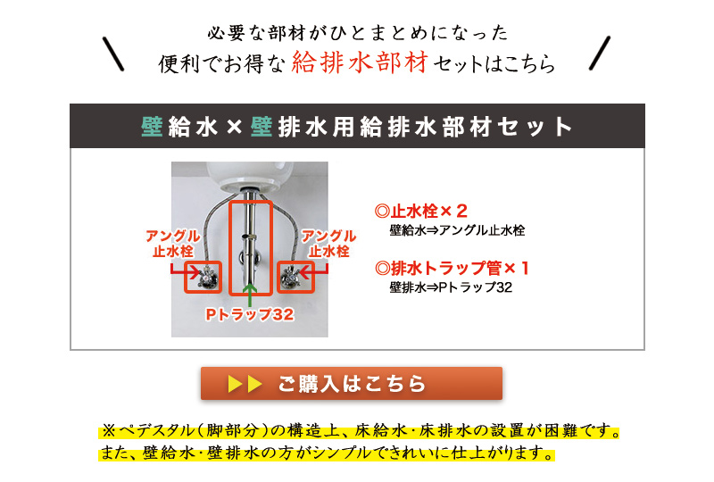 壁用の給水金具と壁用の排水金具の給排水セット